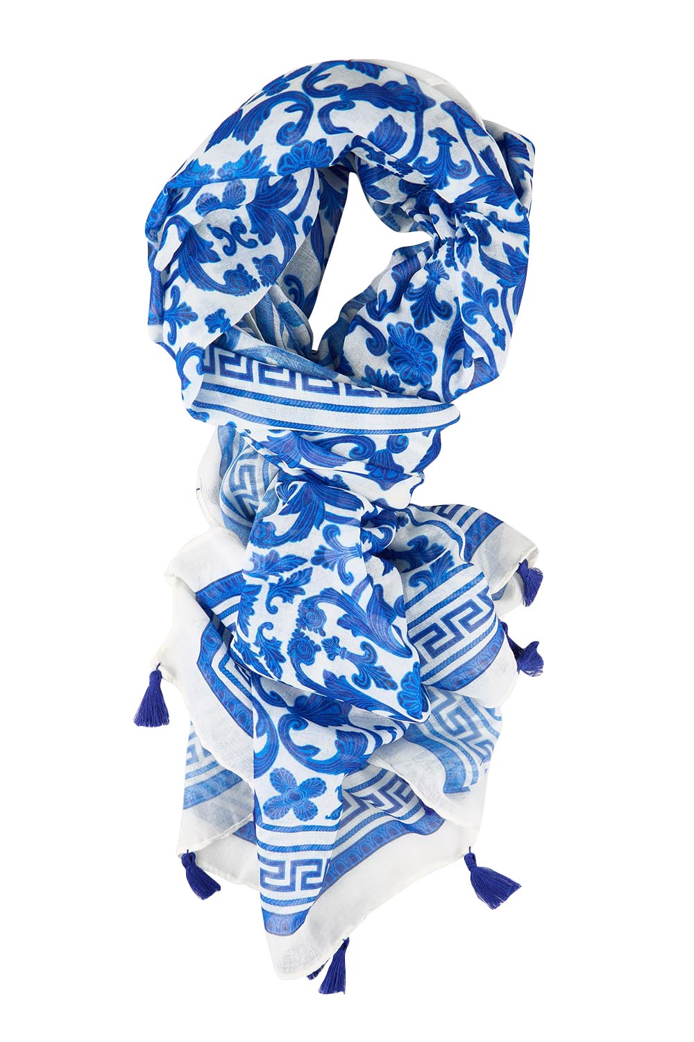 Product shot of the Marbella Damask Lightweight Scarf - Blue in colour Blue, from the front