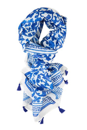 Product shot of the Marbella Damask Lightweight Scarf - Blue in colour Blue, from the front
