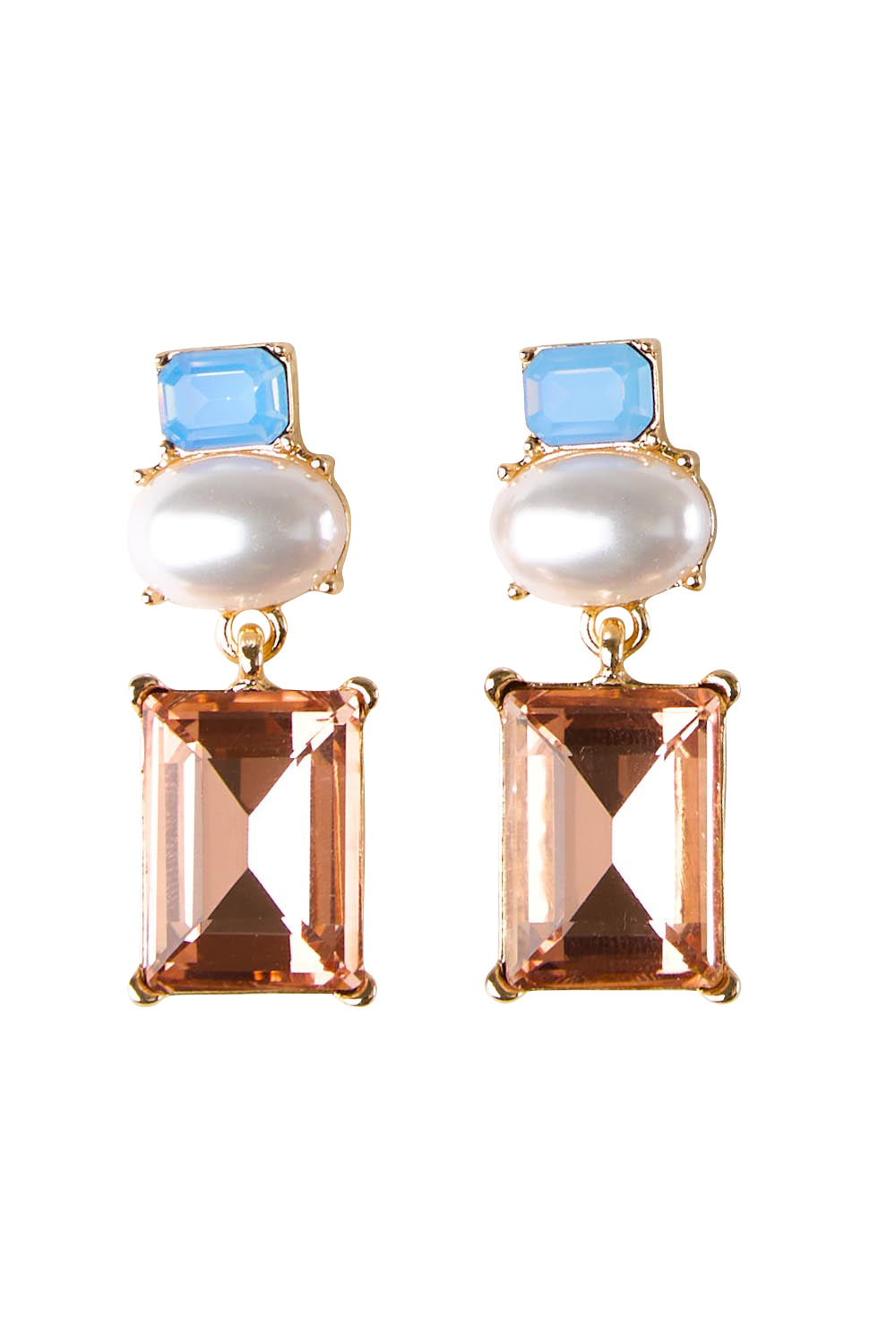 Product shot of the Matilda Geometric Crystal Earring - Bluepeach in colour Bluepeach, from the front