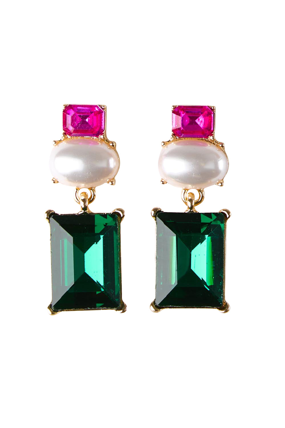 Product shot of the Matilda Geometric Crystal Earring - Fuchiaemerald in colour Fuchiaemerald, from the front