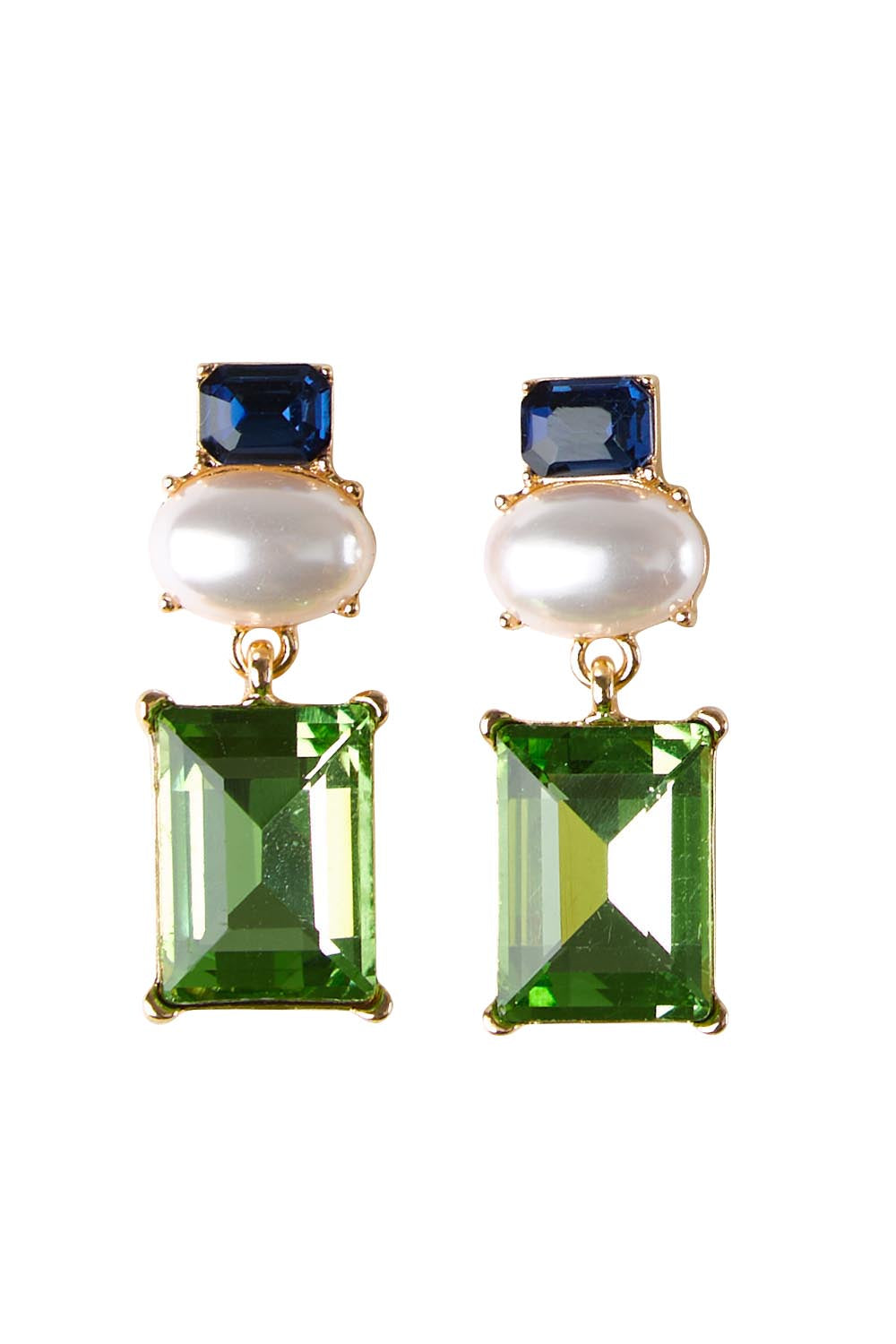 Product shot of the Matilda Geometric Crystal Earring - Navygreen in colour Navygreen, from the front