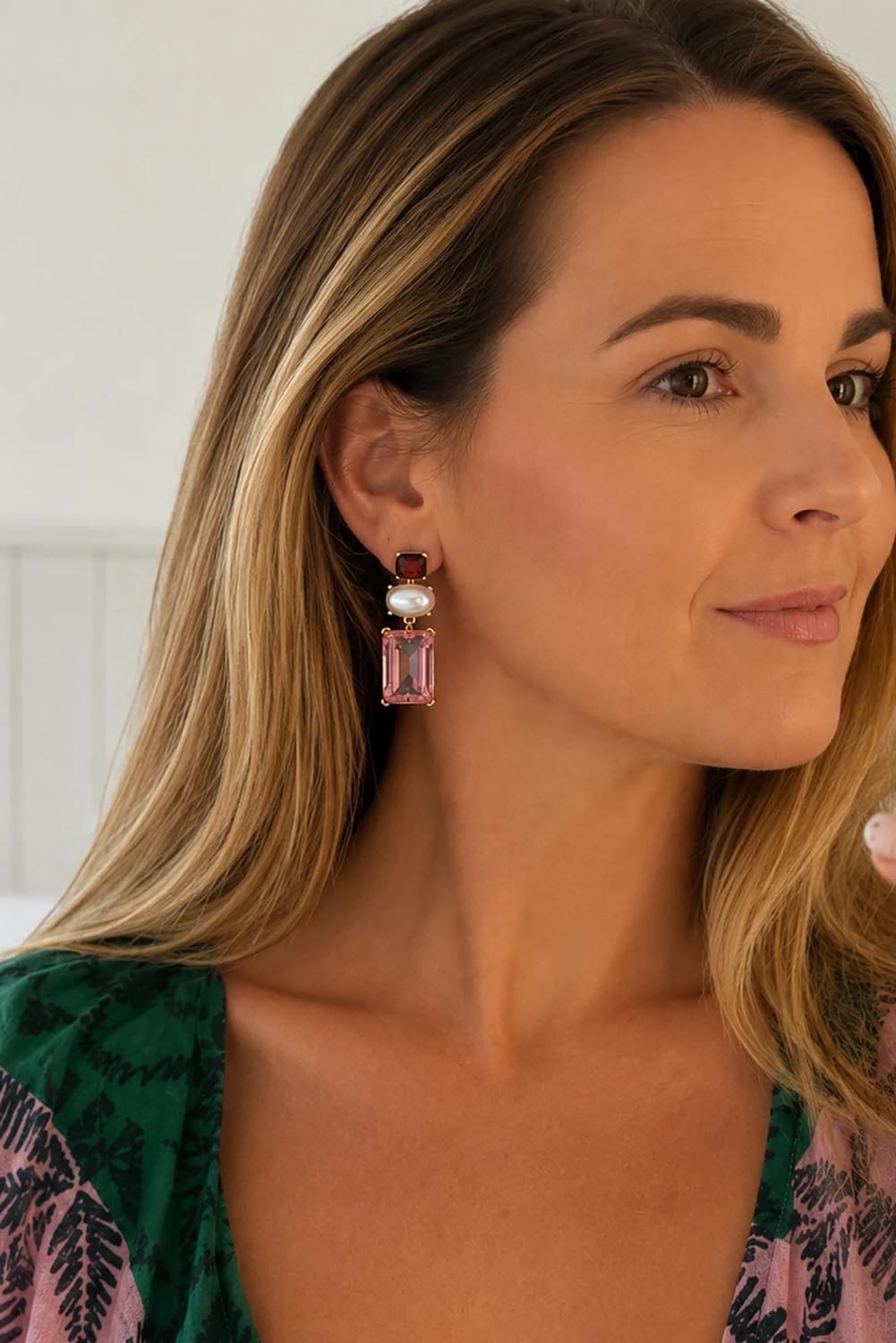 Matilda Geometric Crystal Earring - Pinkmaroon