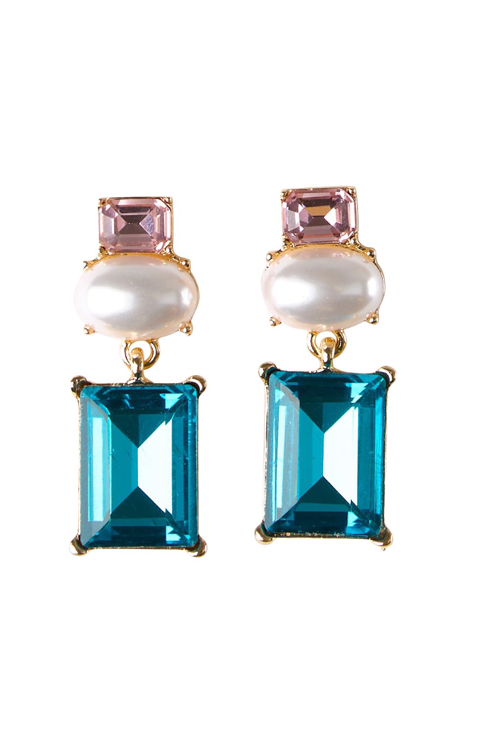Product shot of the Matilda Geometric Crystal Earring - Pinkteal in colour Pinkteal, from the front