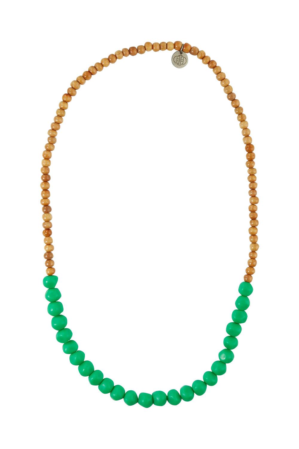 Product shot of the Mini Wood & Rock Necklace in colour Emerald (Green), from the front