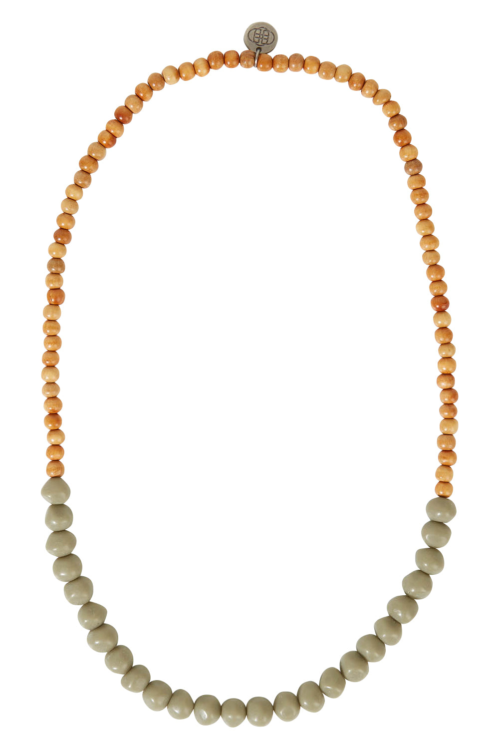 Product shot of the Mini Wood & Rock Necklace in colour Moss (Green), from the front