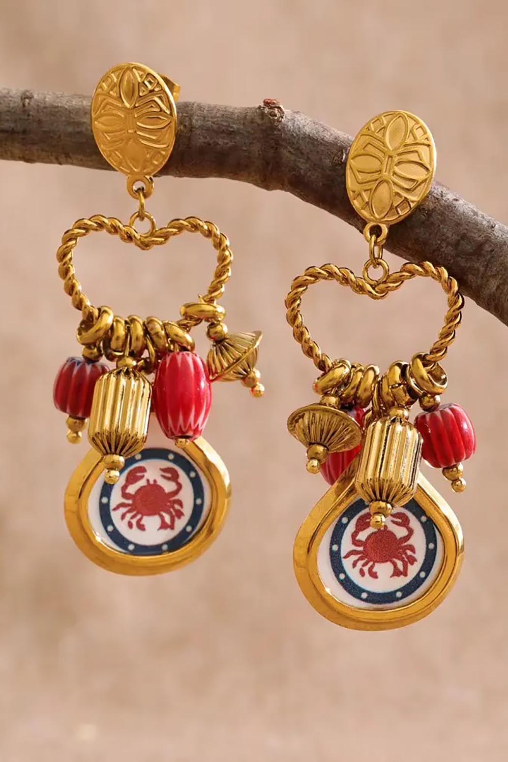 Product shot of the Monaco Crab Charm Earring - Multi in colour Multi, from the front