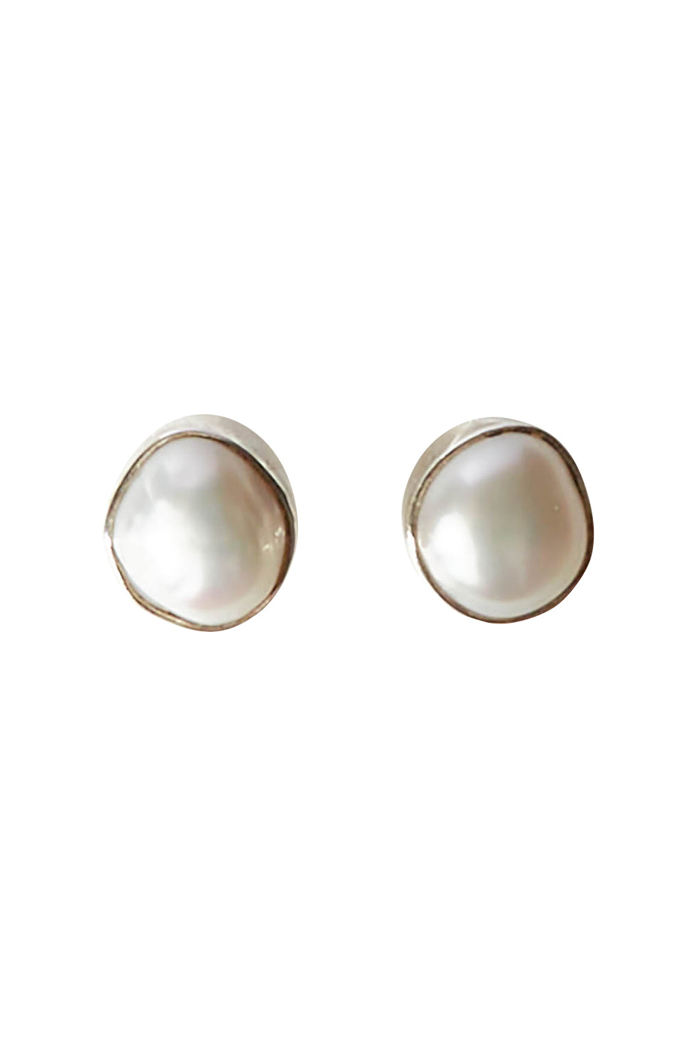 Product shot of the Bezel Set Pearl Stud in colour Silver (Metallics), from the front
