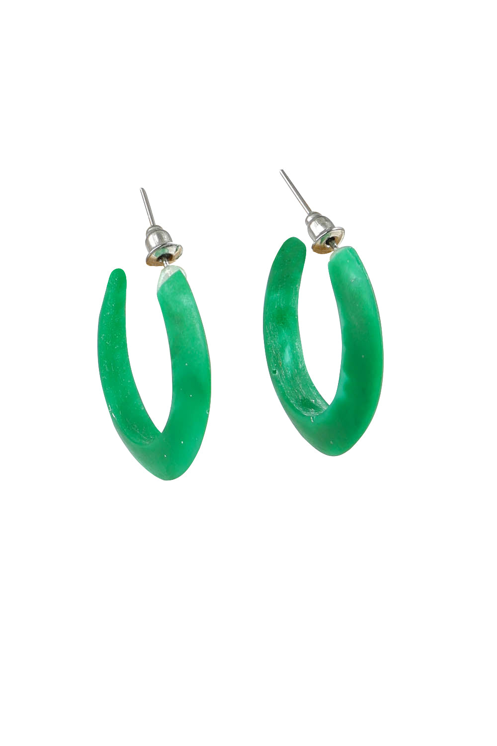 Product shot of the Point Finish Resin Hoop Earring in colour Green (Green), from the front
