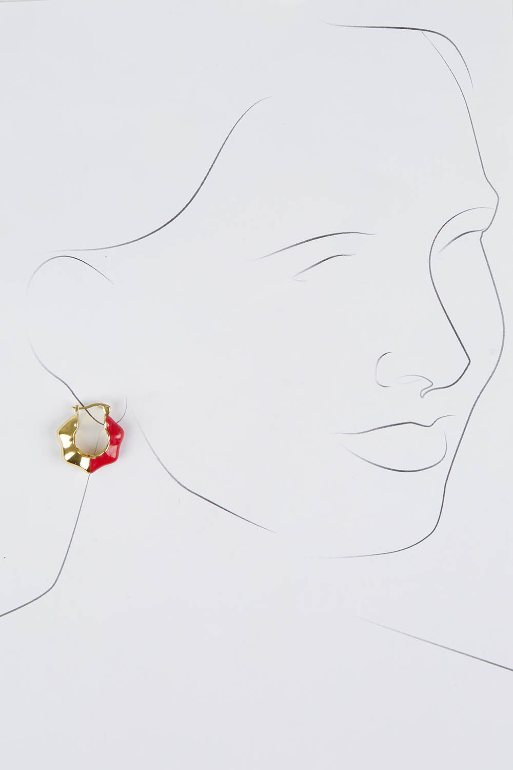 A model wearing size OneSize of the Hoop Earrings in colour Raspberry (Red), from the front, showing the whole outfit
