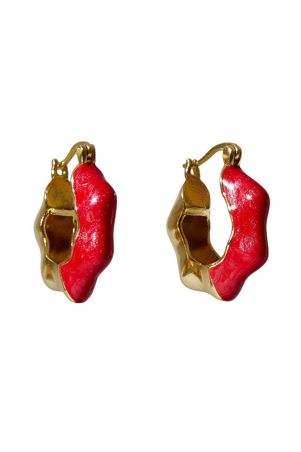 Product shot of the Hoop Earrings in colour Raspberry (Red), from the front
