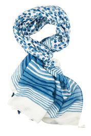 Product shot of the Una Lightweight Scarf in colour Stripespot (Blue), from the front