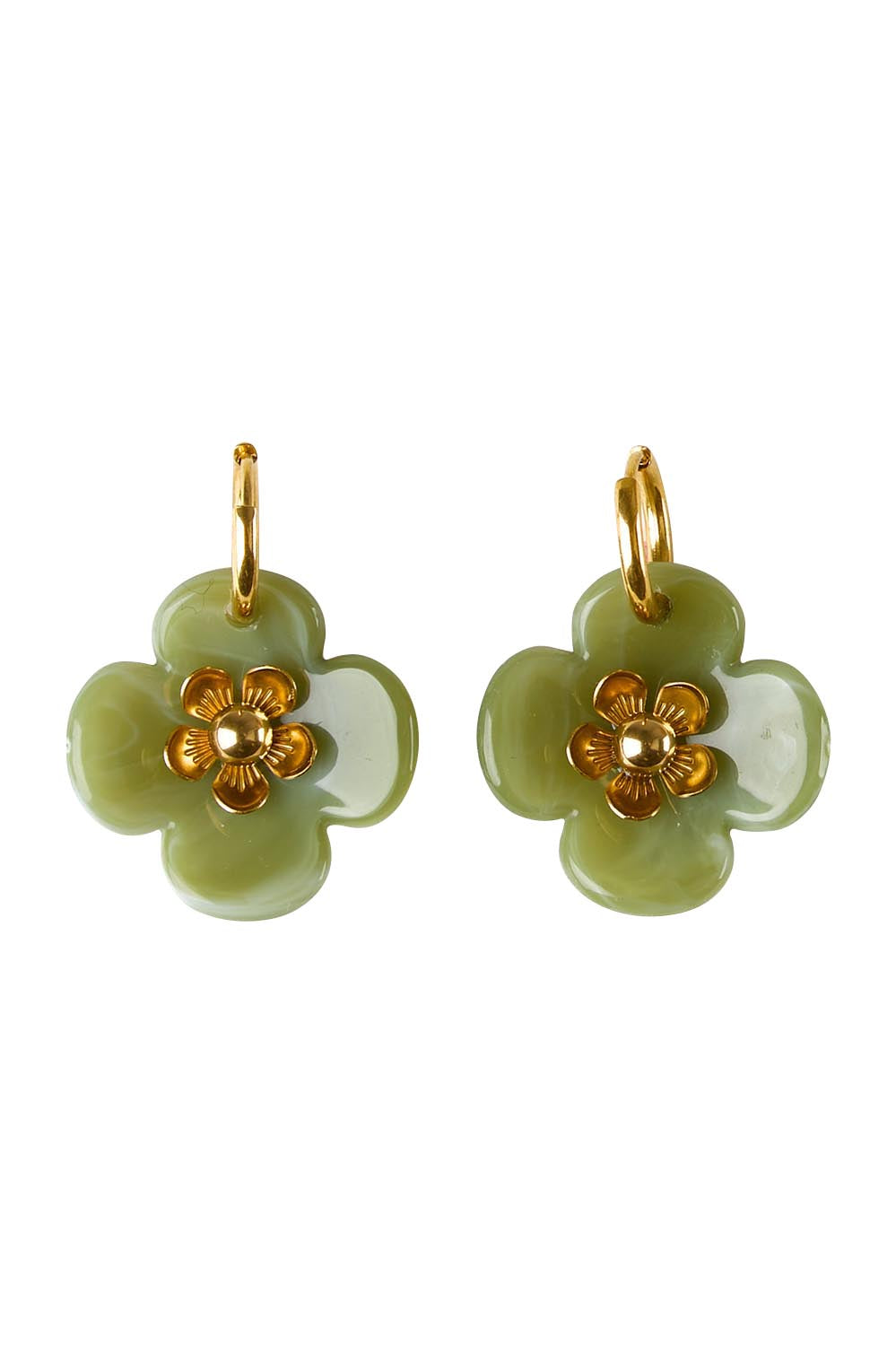 Product shot of the Willa Flower Hoop Earring - Green in colour Green, from the front