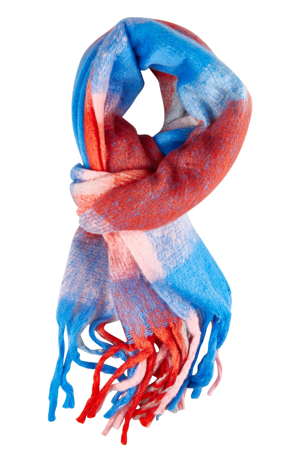 Product shot of the Charlie Checker Scarf in colour Blueorange (Blue), from the front