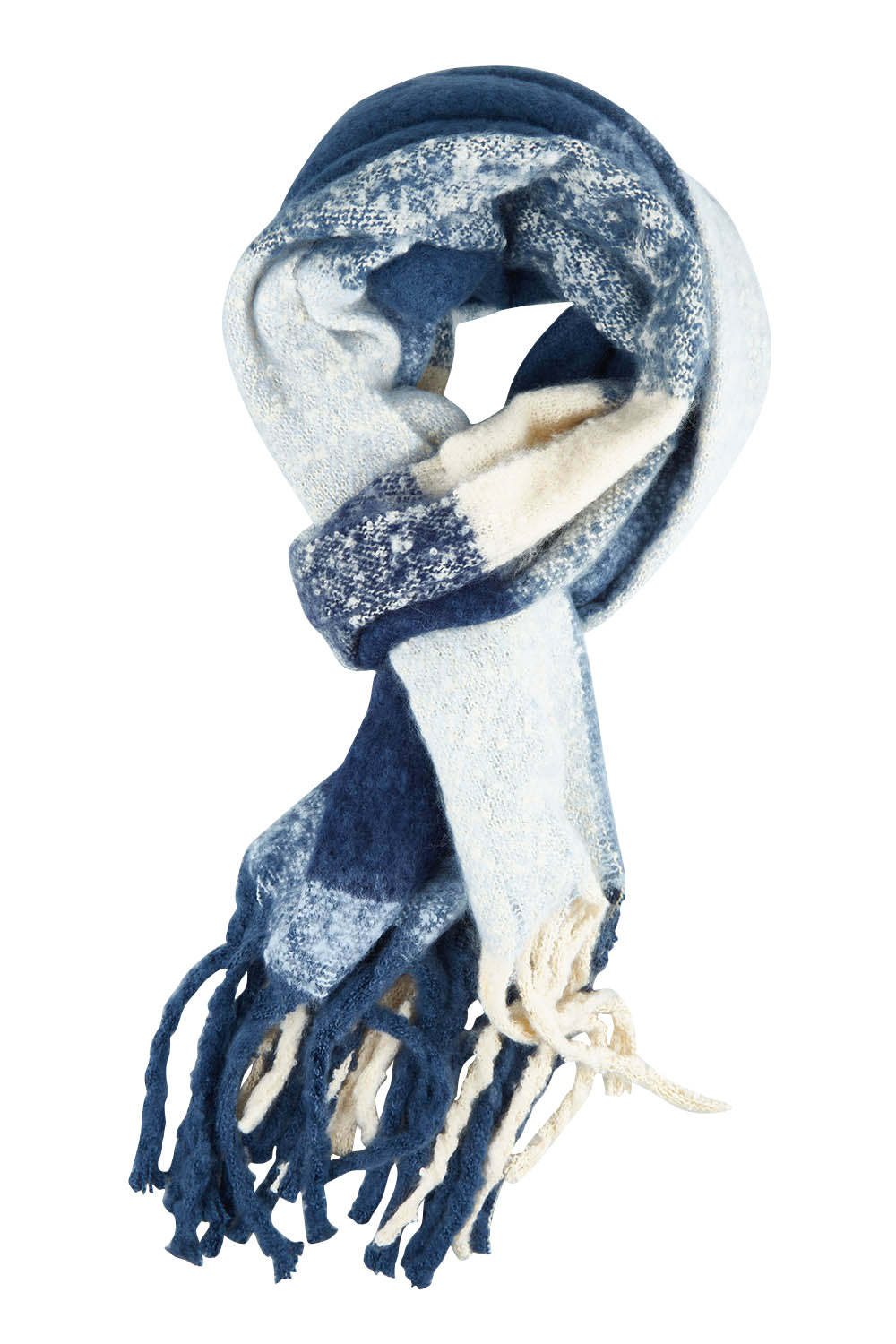 Product shot of the Charlie Checker Scarf in colour Navycream (Blue), from the front