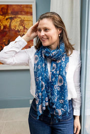 Model Genericm wearing size sample of the Zinnia Lightweight Scarf - Pinkblue in colour Pinkblue, from an angle
