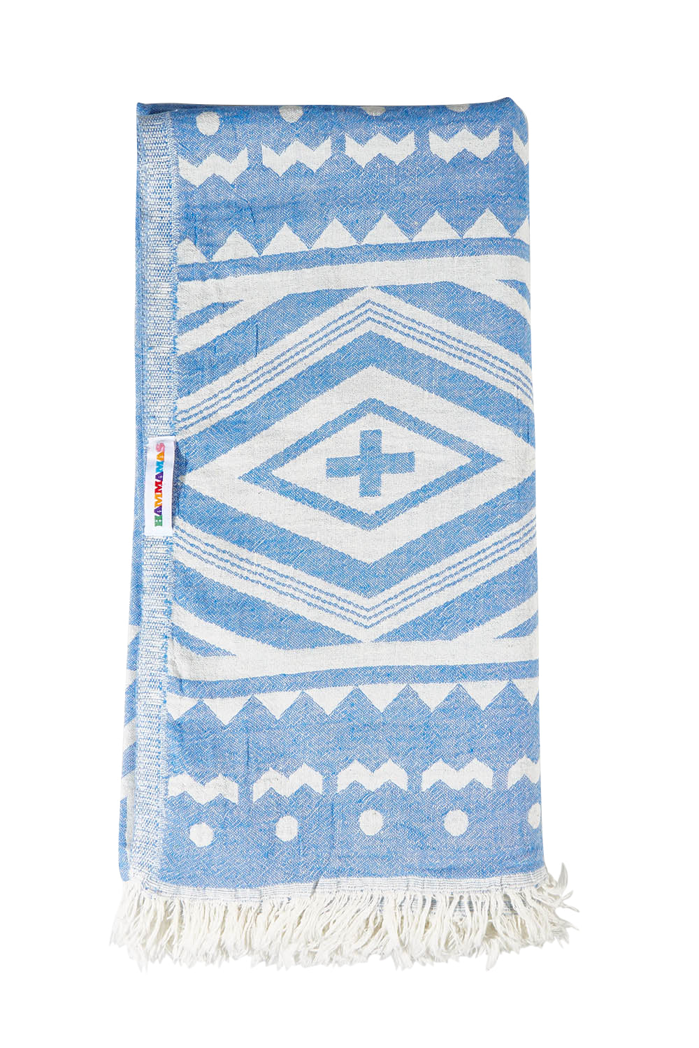 Product shot of the Hammamas Aztec Cotton Towel in colour AztecBlue (Blue), from the front
