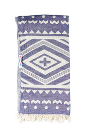 Product shot of the Hammamas Aztec Towel in colour Navy (Blue), from the front