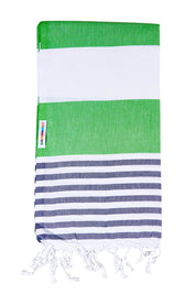 Product shot of the Hammamas Reef Cotton Towel in colour NavyApple (Green), from the front