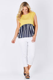 Model Jess wearing size 12 of the Sleeveless Tank in colour Sunset (Blue), from the front, showing the whole outfit