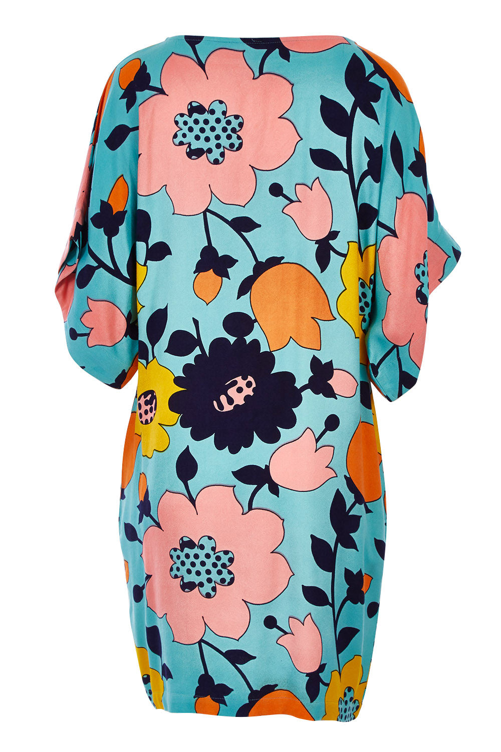 Product shot of the Bell Sleeve Tunic Dress in colour Flower (Blue), from the back