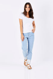 Model Georgia wearing size 8 of the Boyfriend Jean in colour SilverDip (Grey), from the front, showing the whole outfit