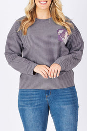 Model Jess wearing size 14 of the Contrast Stripe Sweater in colour Pockets (Grey), from the front, cropped image