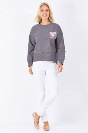 Model Jude wearing size 10 of the Contrast Stripe Sweater in colour Pockets (Grey), from the front, showing the whole outfit