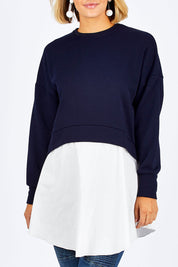 Model Emma wearing size 10 of the Weekend Tunic in colour Navy (Blue), from the front, cropped image