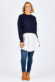 Model Emma wearing size 10 of the Weekend Tunic in colour Navy (Blue), from the front, showing the whole outfit