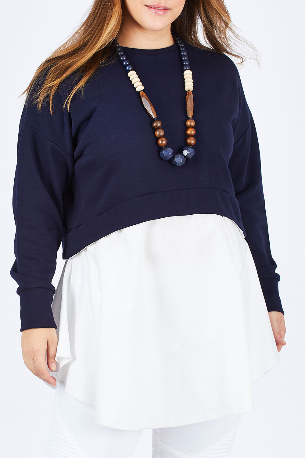 Model Sophie wearing size 14 of the Weekend Tunic in colour Navy (Blue), from the front, cropped image