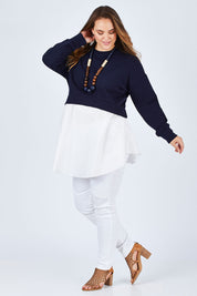 Model Sophie wearing size 14 of the Weekend Tunic in colour Navy (Blue), from the front, showing the whole outfit