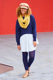 Model Summer wearing size 10 of the Weekend Tunic in colour Navy (Blue), from the front, showing the whole outfit