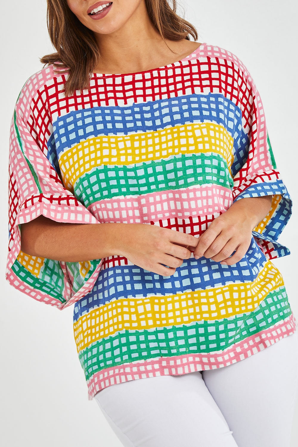 Model Monique wearing size 14 of the Tie Back Bell Sleeve Top in colour Hopscotch (Pink), from the front, cropped image