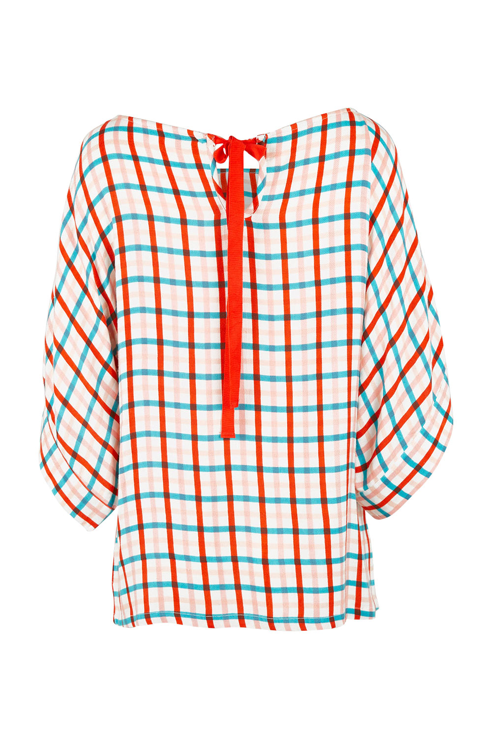 Product shot of the Tie Back Bell Sleeve Top in colour Check (White), from the back