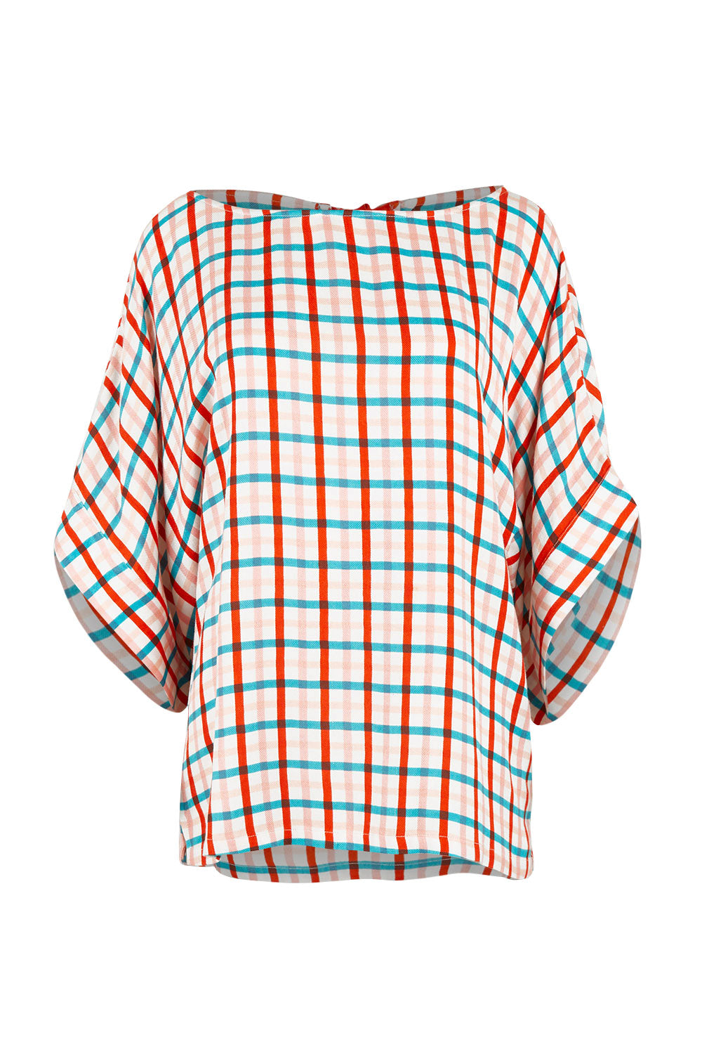 Product shot of the Tie Back Bell Sleeve Top in colour Check (White), from the front
