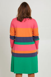Model Monique wearing size L of the Knit Stripe Dress in colour Multihues (Pink), from the back