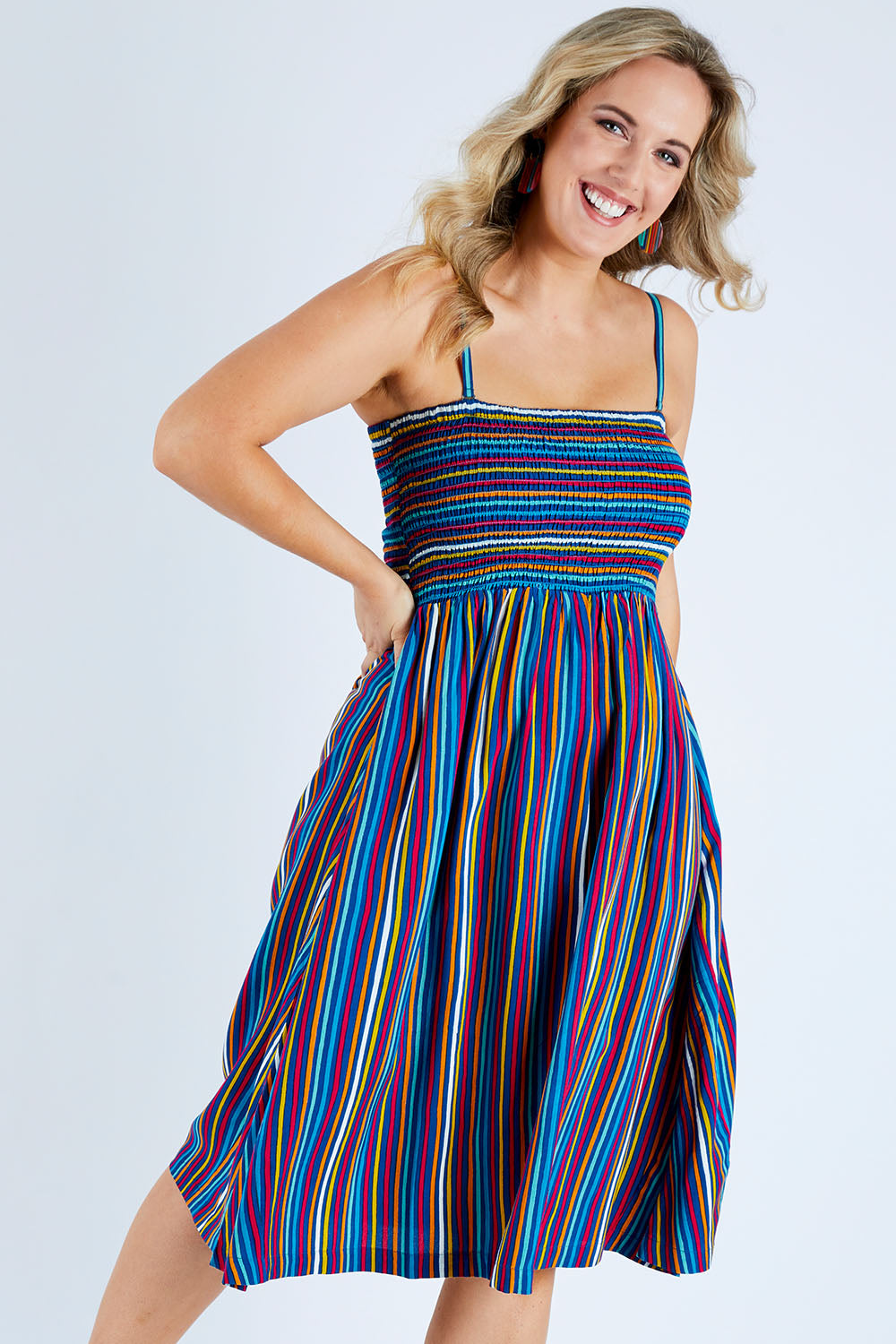 Model Jess wearing size 14 of the Shirred Bodice Dress in colour Evrystripe (Blue), from the front, cropped image