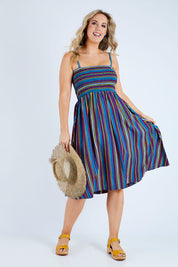 Model Jess wearing size 14 of the Shirred Bodice Dress in colour Evrystripe (Blue), from the front, showing the whole outfit