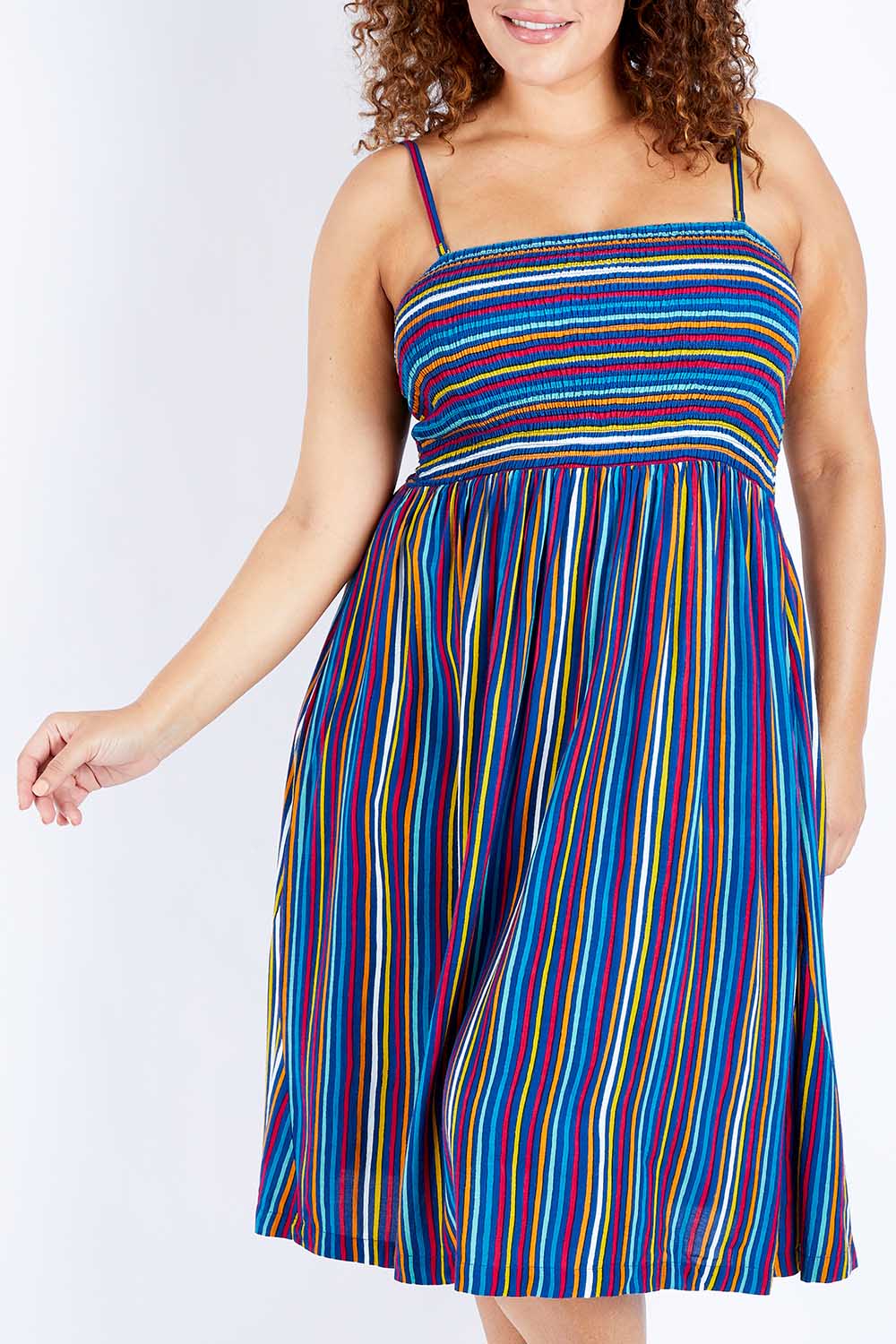 Model Jess wearing size 16 of the Shirred Bodice Dress in colour Evrystripe (Blue), from the front, cropped image