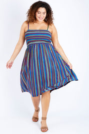 Model Jess wearing size 16 of the Shirred Bodice Dress in colour Evrystripe (Blue), from the front, showing the whole outfit