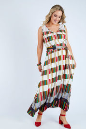 Model Jess wearing size 14 of the Tie Waist Maxi Dress in colour Coded (Grey), from the front, showing the whole outfit