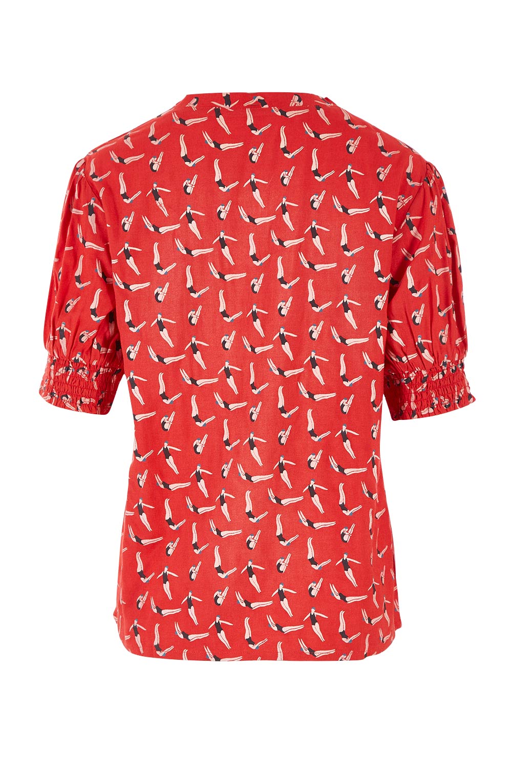 Product shot of the Printed V Neck Top in colour Diving (Pink), from the back