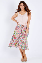 Model Laura wearing size 14 of the Belted Button Skirt in colour Patchmeup (Pink), from the front, showing the whole outfit