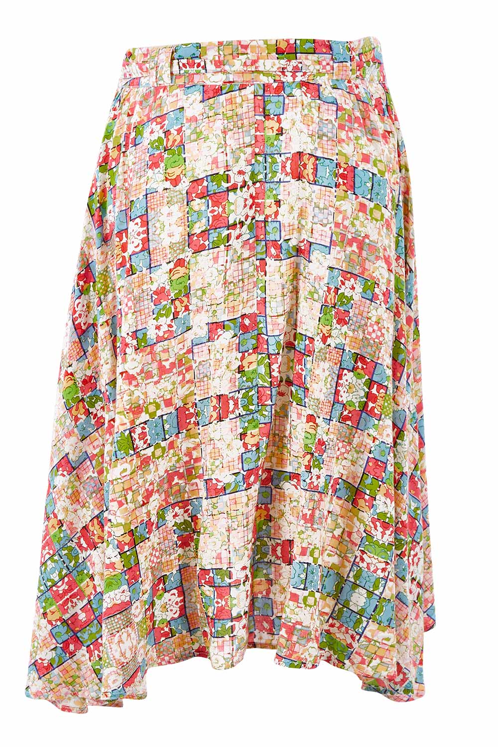 Product shot of the Belted Button Skirt in colour Patchmeup (Pink), from the back