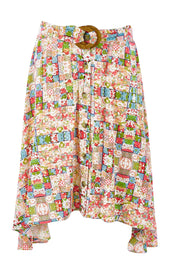 Product shot of the Belted Button Skirt in colour Patchmeup (Pink), from the front