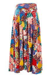Product shot of the Patchwork Maxi Skirt in colour Patched (Red), from the back