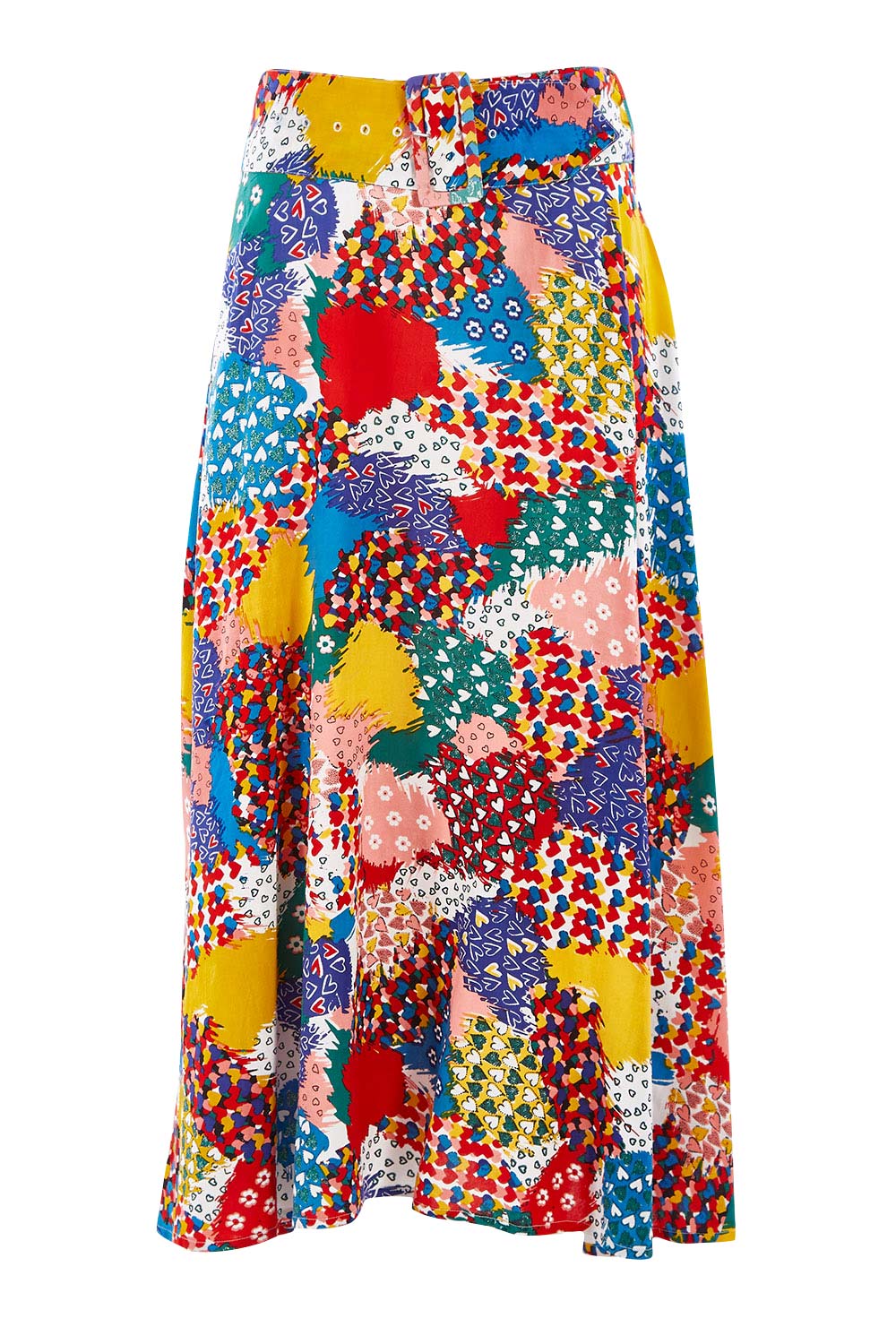 Product shot of the Patchwork Maxi Skirt in colour Patched (Red), from the front