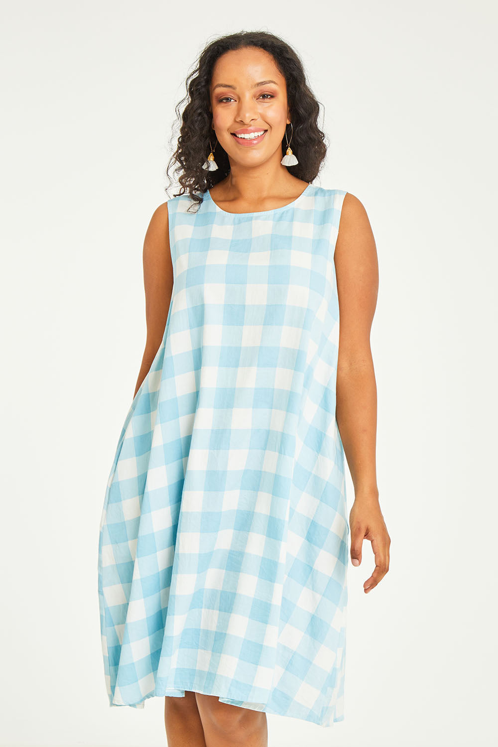 Model Noli wearing size 14 of the Gingham Swing Dress in colour Gingham (Blue), from the front, cropped image