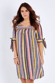 Model Laura wearing size 12 of the Striped Tie Sleeve Dress in colour Tribal (Blue), from the front, cropped image