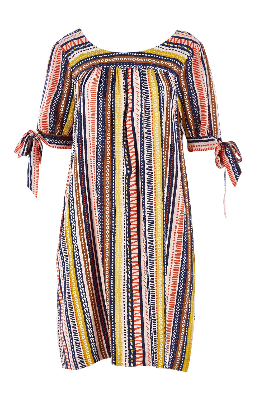 Product shot of the Striped Tie Sleeve Dress in colour Tribal (Blue), from the front